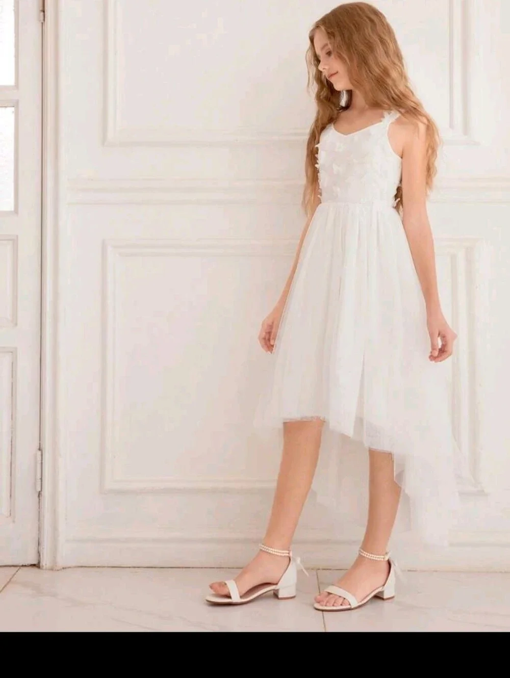 Tween Girls White Butterfly Tuelle Hi Low Dress (Size 8)